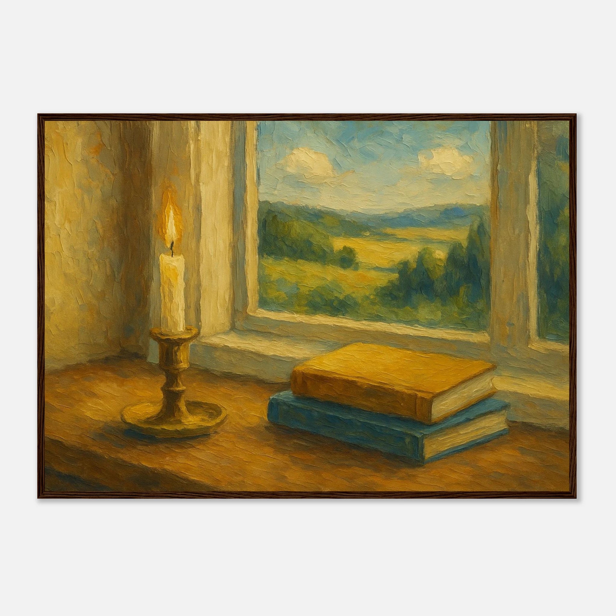 Dark wood frame A1 (59.4 x 84.1 cm) - “Golden Light & Quiet Pages” | Candlelit Window Still Life - Play By Print