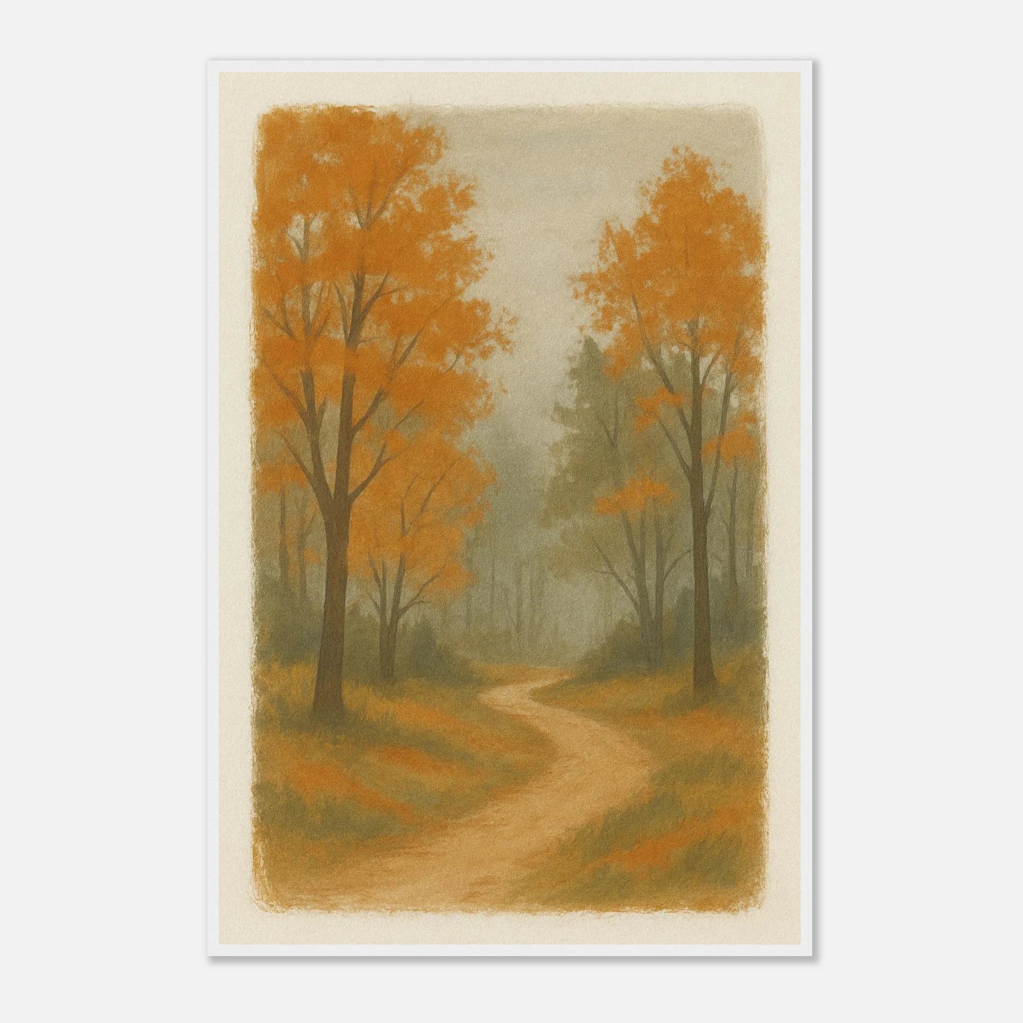 White frame 60x90 cm 24x36″ - Whispering Path – Misty Autumn Forest Wall Art Print - Play By Print