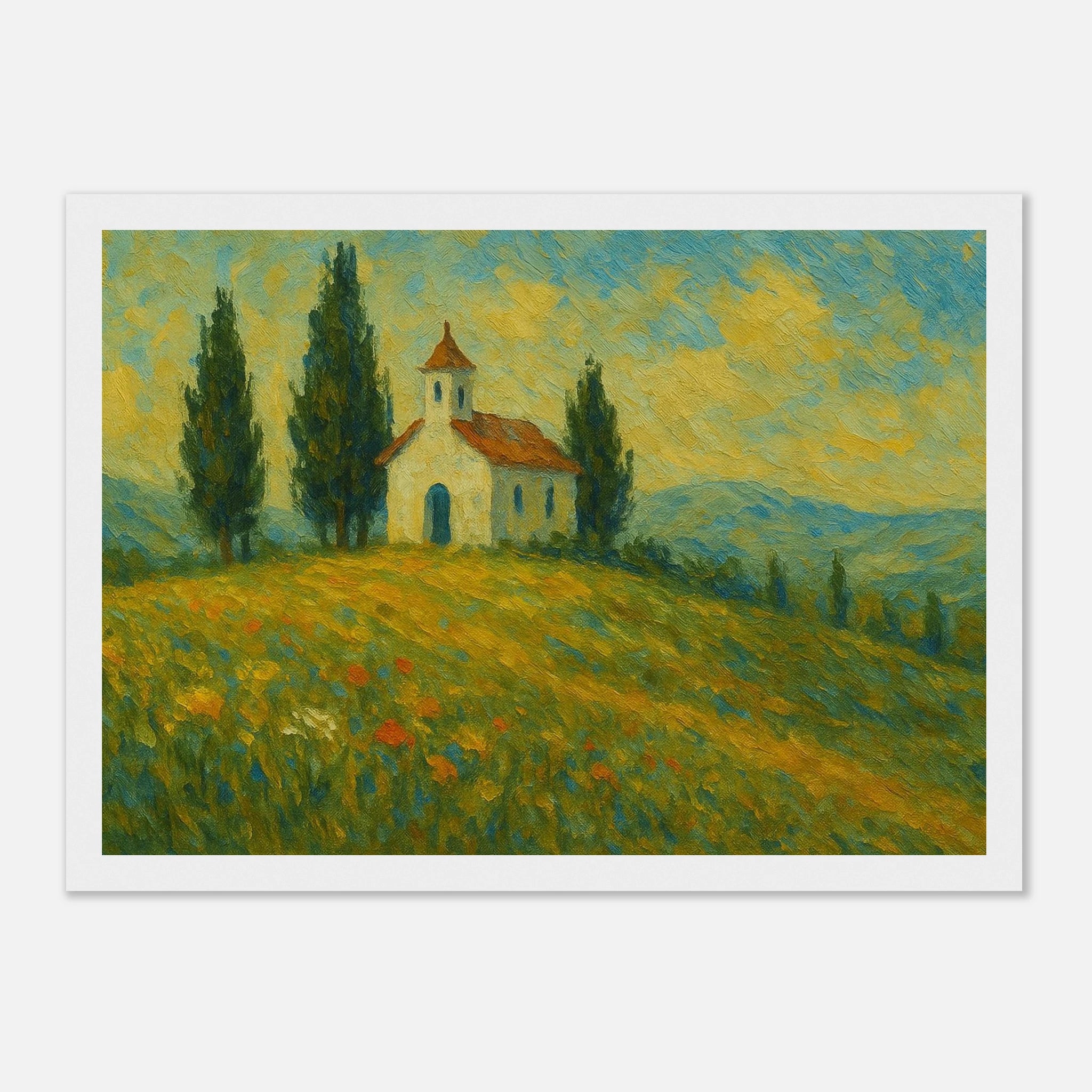White frame 21x29.7 cm 8x12" - “Chapel on the Hill” | Countryside Church Landscape Print - Play By Print