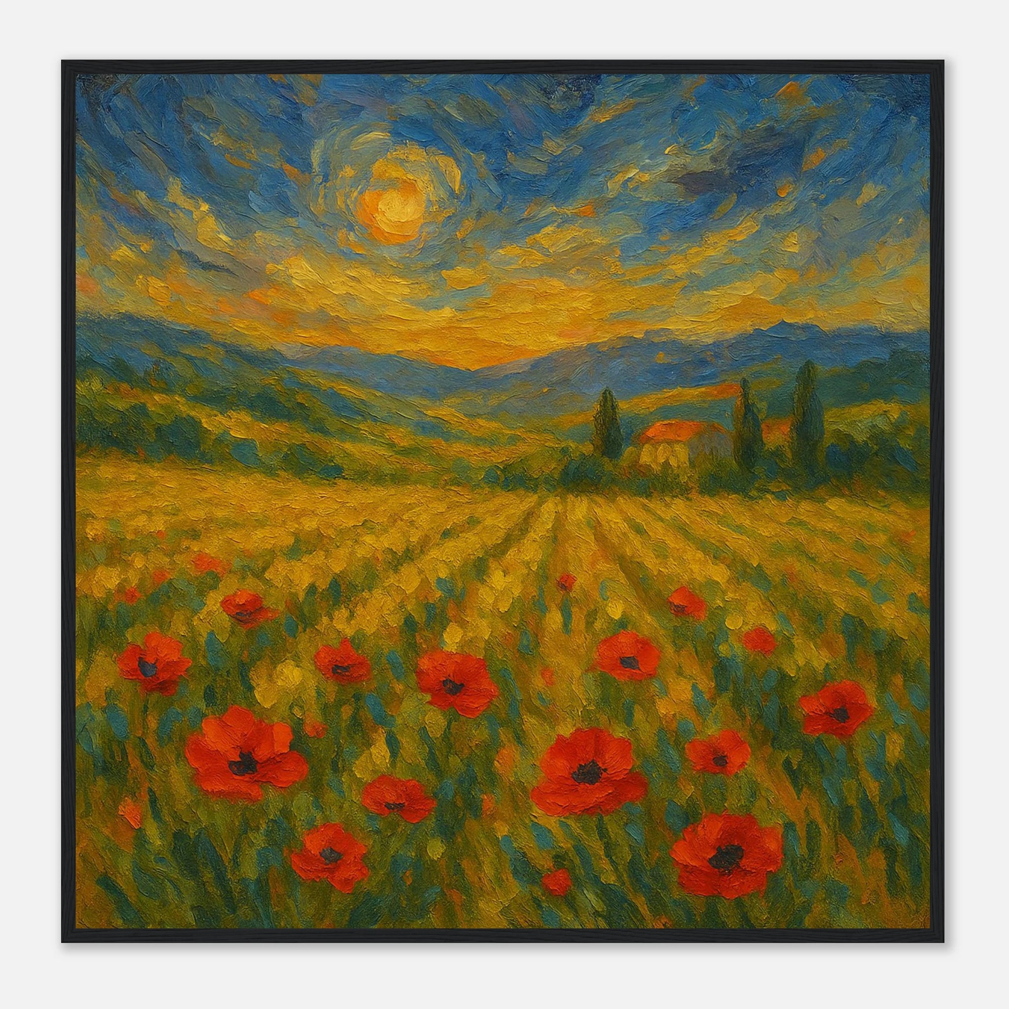 Black frame 70x70 cm 28x28″ - “Golden Hour in the Poppies” | Vibrant Sunset Landscape Art - Play By Print