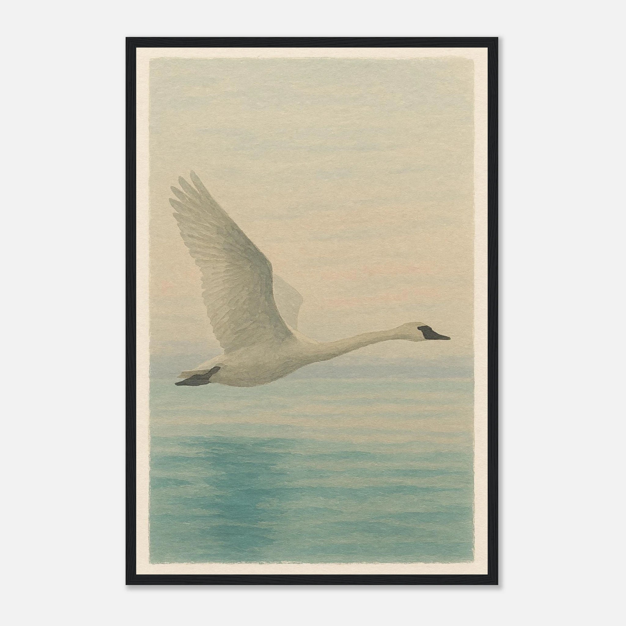 Black frame 40x60 cm 16x24″ - Grace in Flight – Watercolour Swan Over Calm Waters - Play By Print