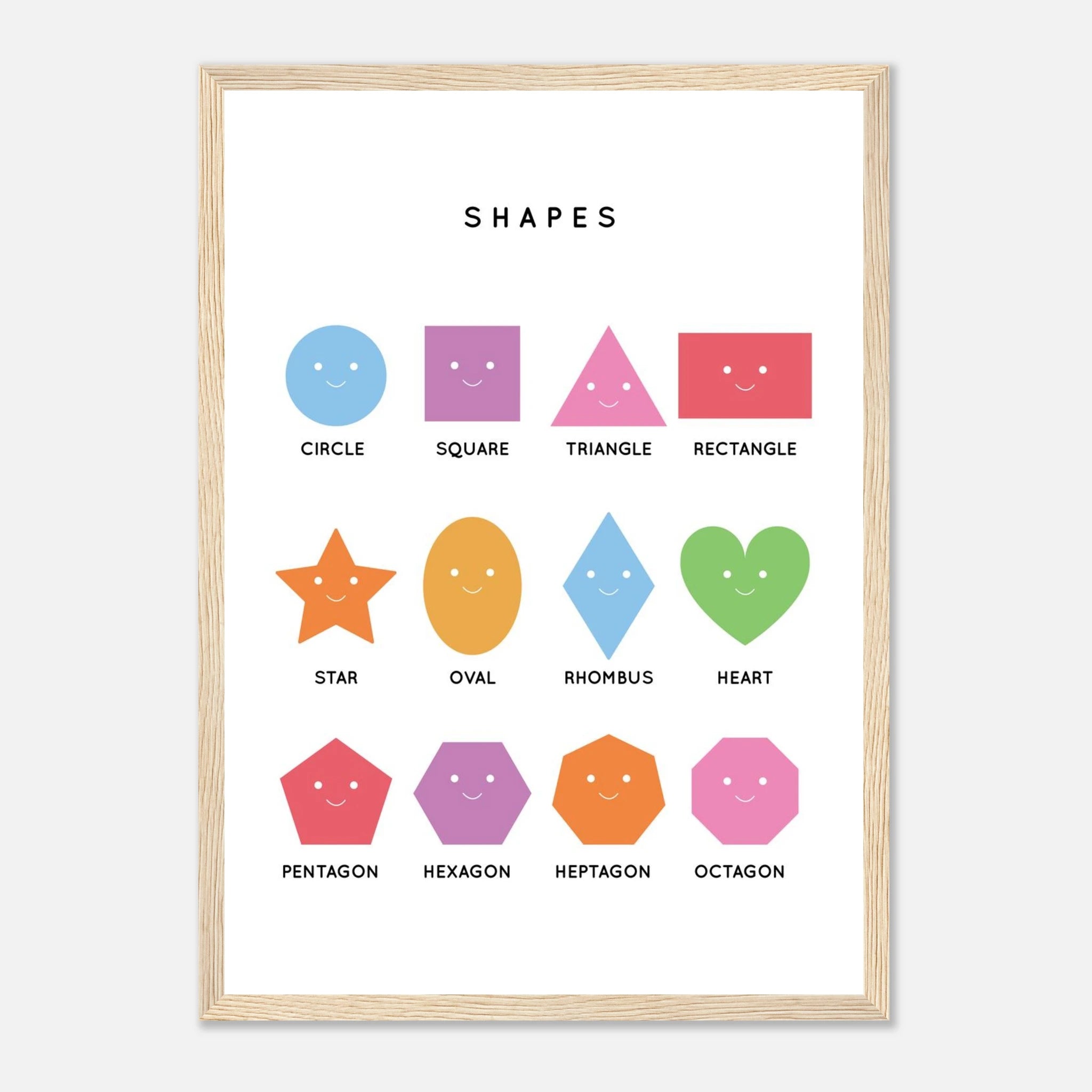 Wood frame - Smiling Shapes Poster – Educational Shape Chart for Kids by Elena - Elena