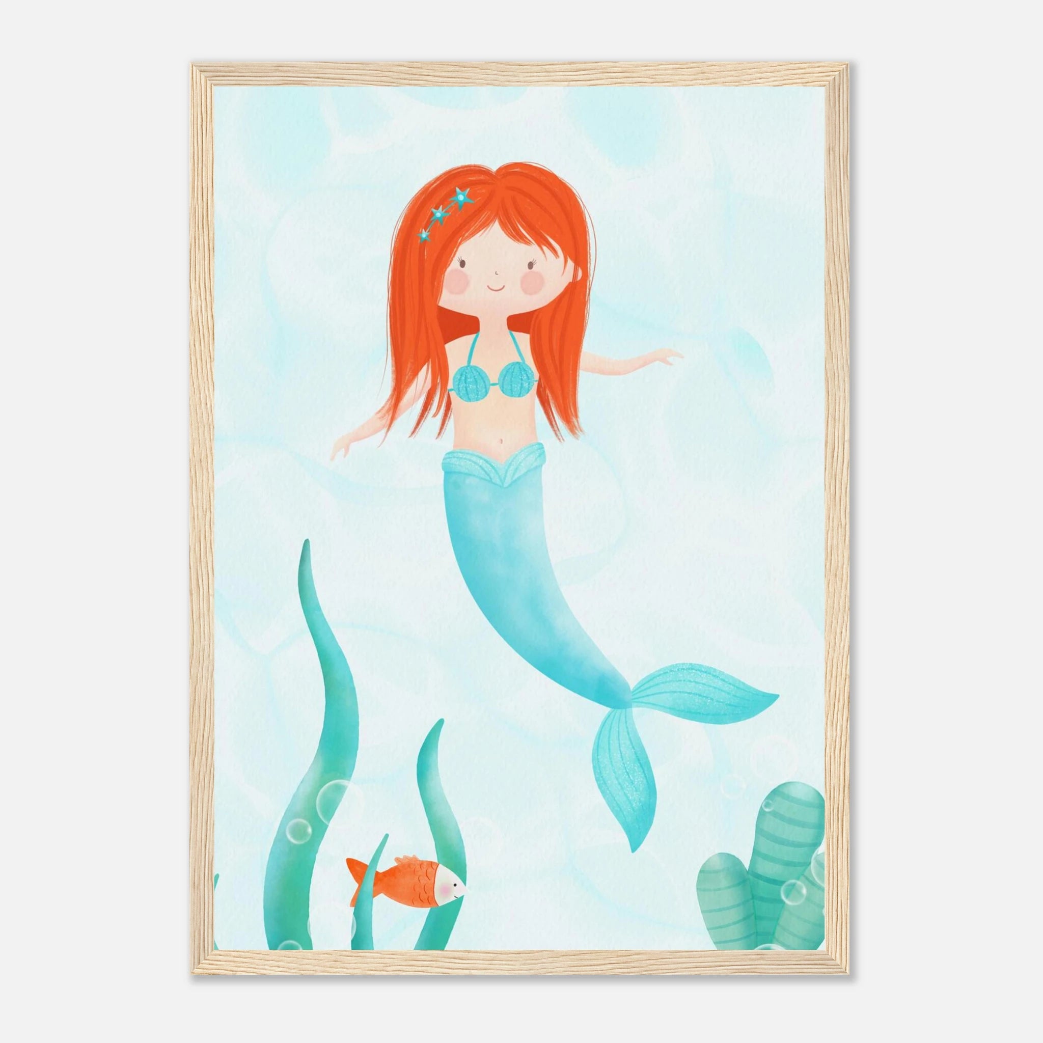Wood frame - Redhead Mermaid Wall Art | Watercolour Ocean Nursery Print for Girls - Iris