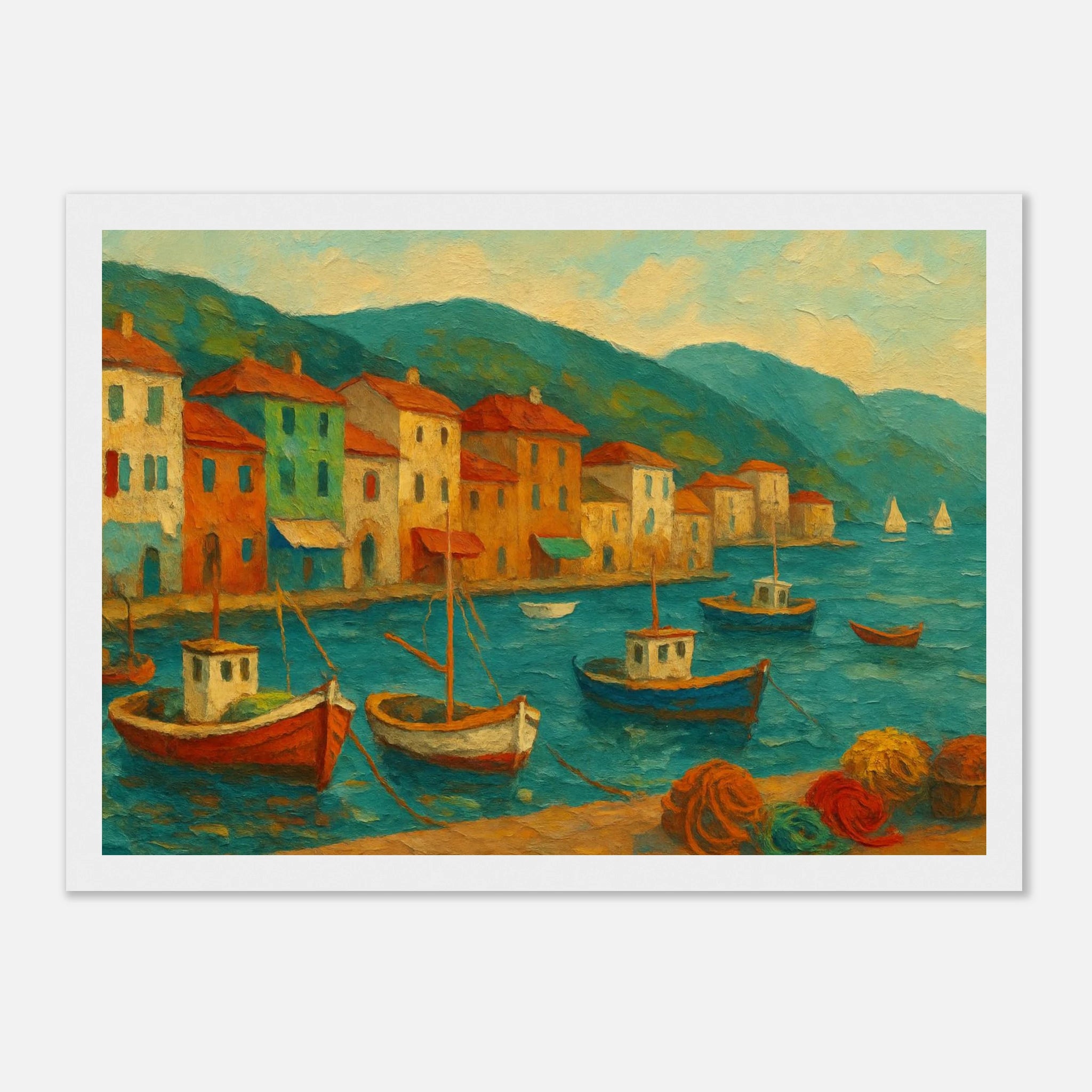 White frame 21x29.7 cm 8x12" - Harbour Harmony – Mediterranean Village Wall Art Print - Play By Print