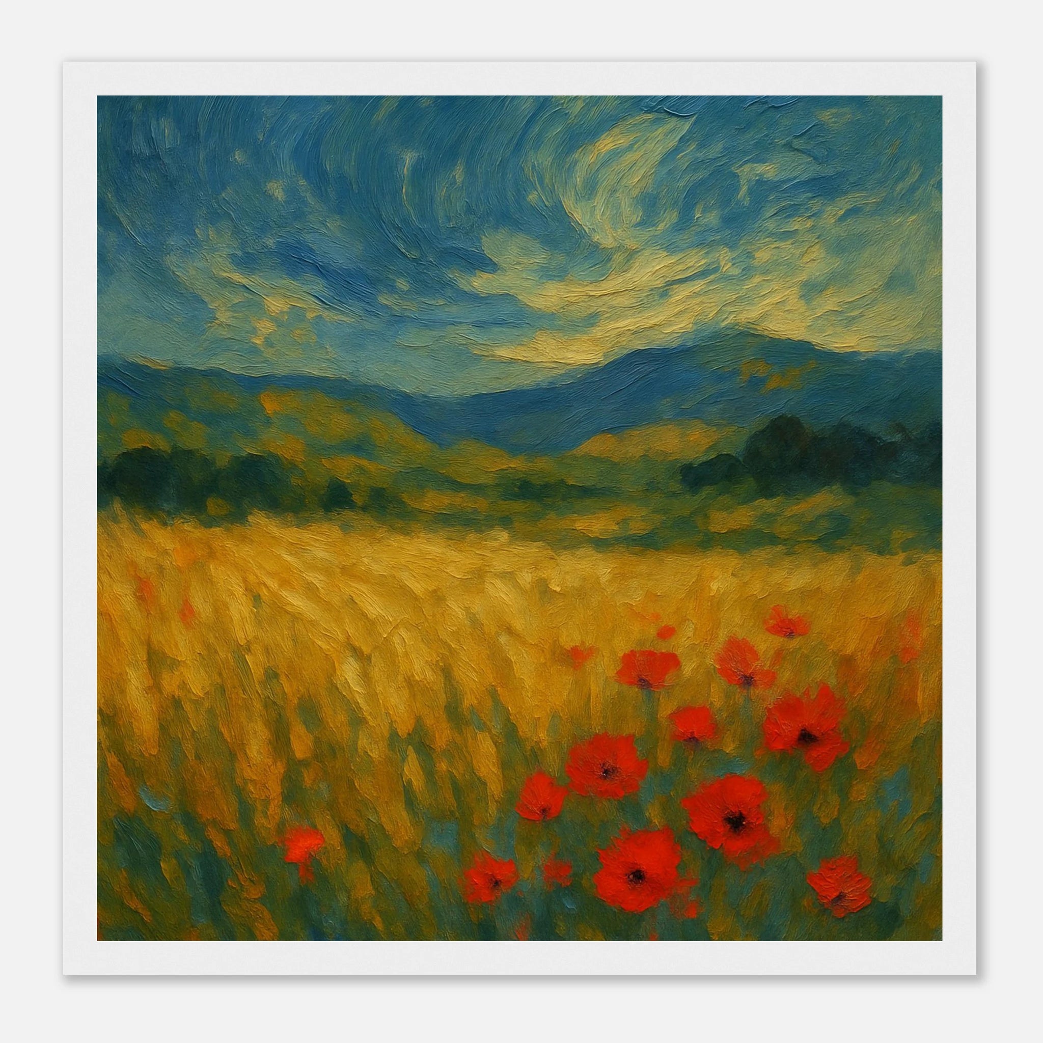 White frame 30x30 cm 12x12″ - “Whispers in the Wheat” | Dreamy Poppy Field Landscape - Play By Print