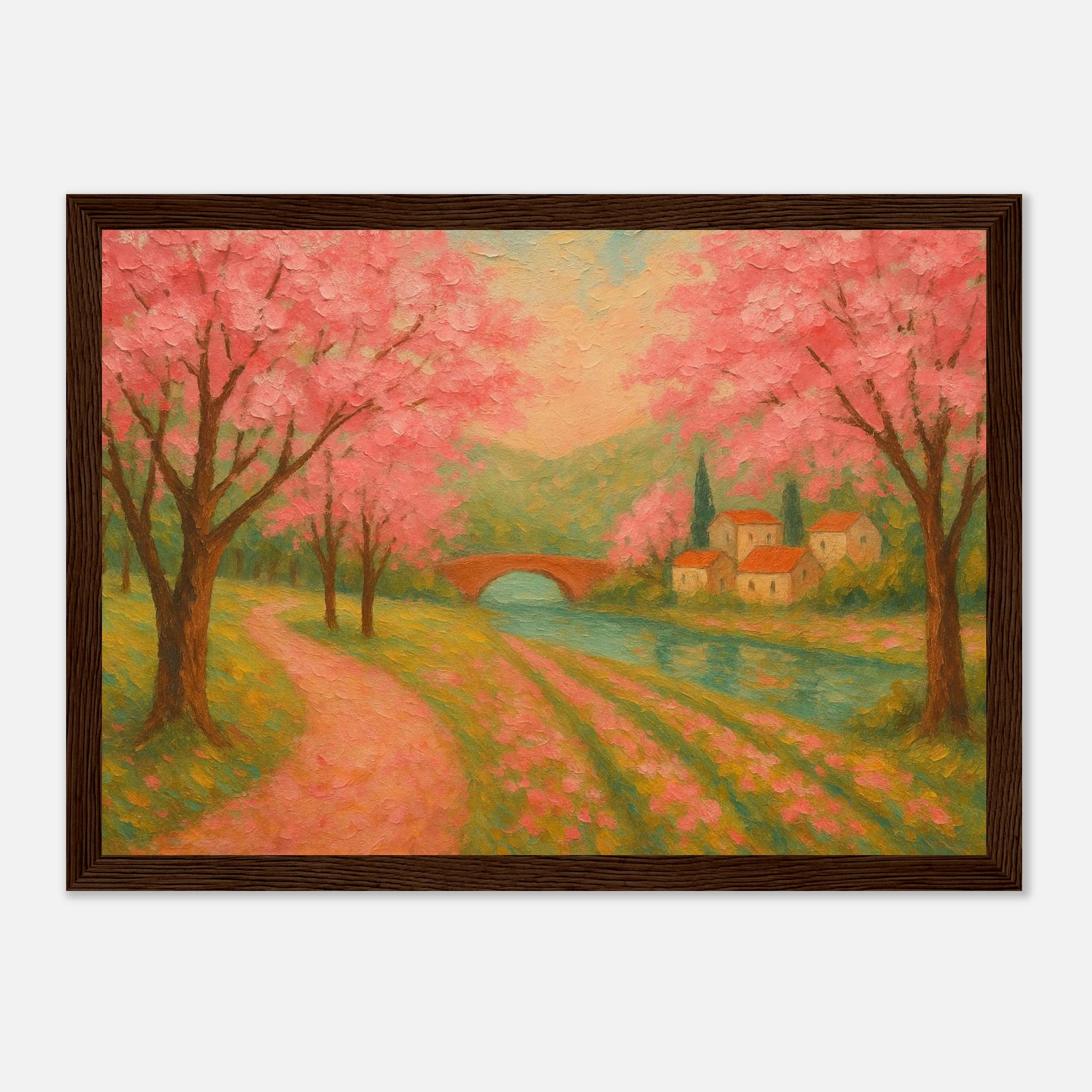 Dark wood frame 21x29.7 cm 8x12" - Spring Cherry Blossom Lane – Pink Blossoms by the River Art Print - Play By Print