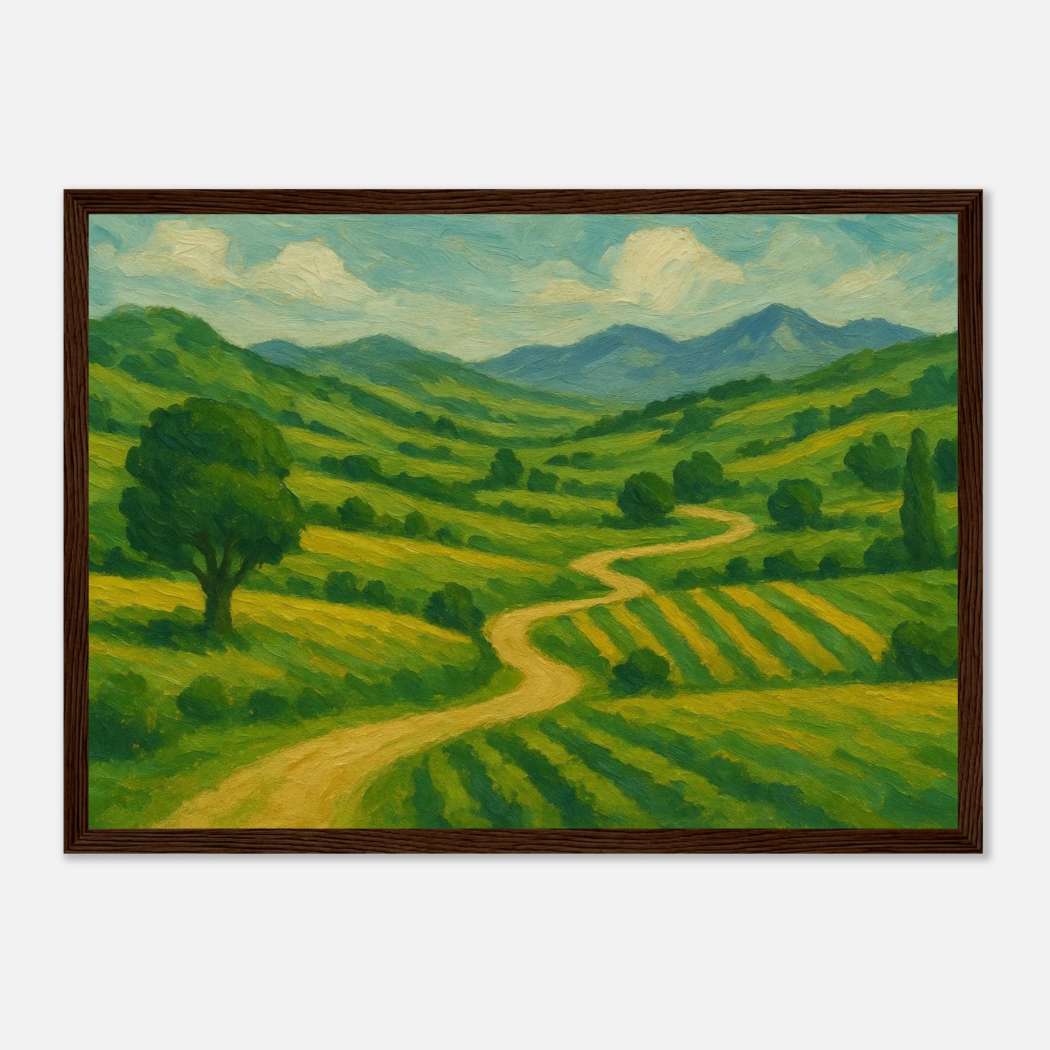 Dark wood frame A3 (29.7 x 42 cm) - “Winding Through Green” | Rolling Hills Countryside Print - Play By Print