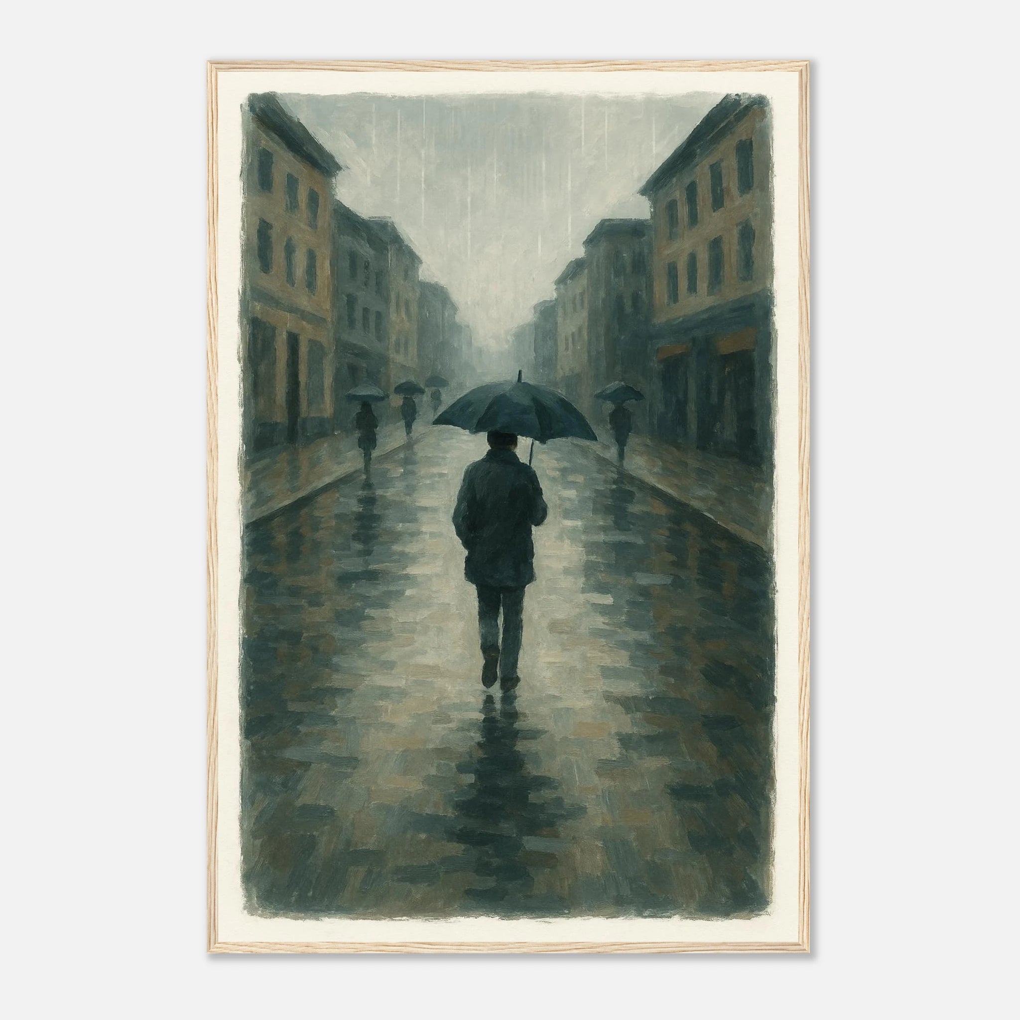 Wood frame 60x90 cm 24x36″ - Rainy City Walk – Gouache-Style Art Print - Play By Print