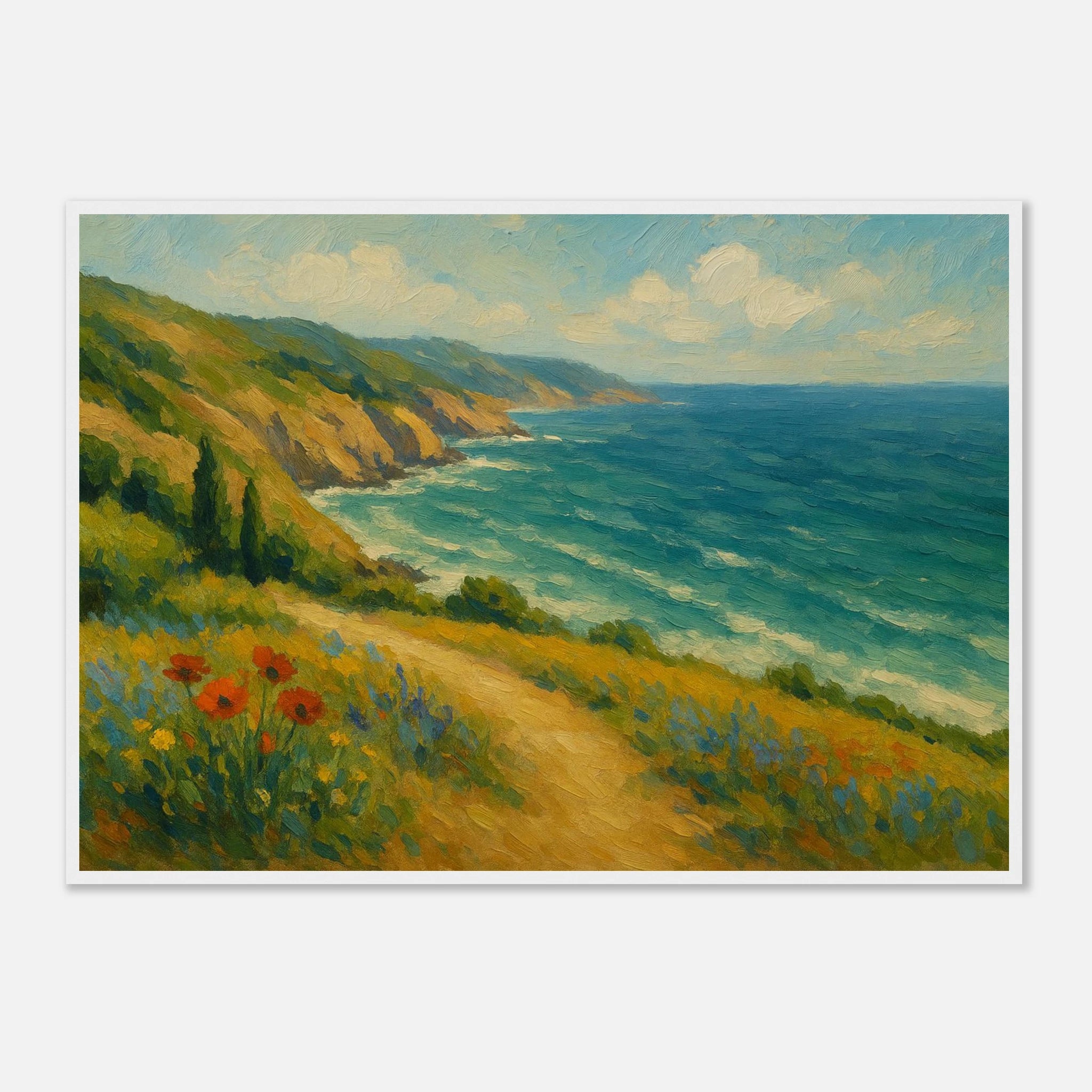 White frame A1 (59.4 x 84.1 cm) - “Coastal Wildflowers & Whispering Waves” | Ocean Cliff Landscape - Play By Print