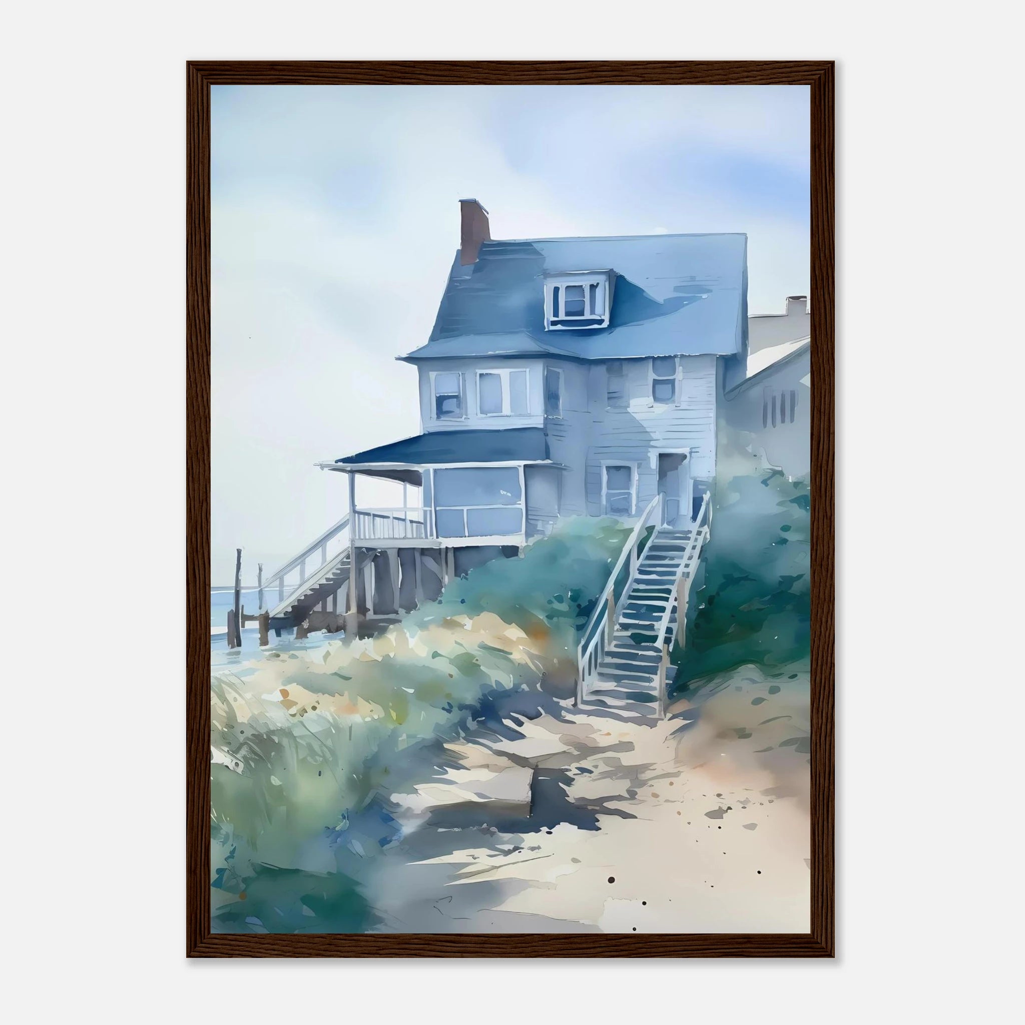Dark wood frame - Seaside Cottage Steps – Coastal Art Print - Play By Print