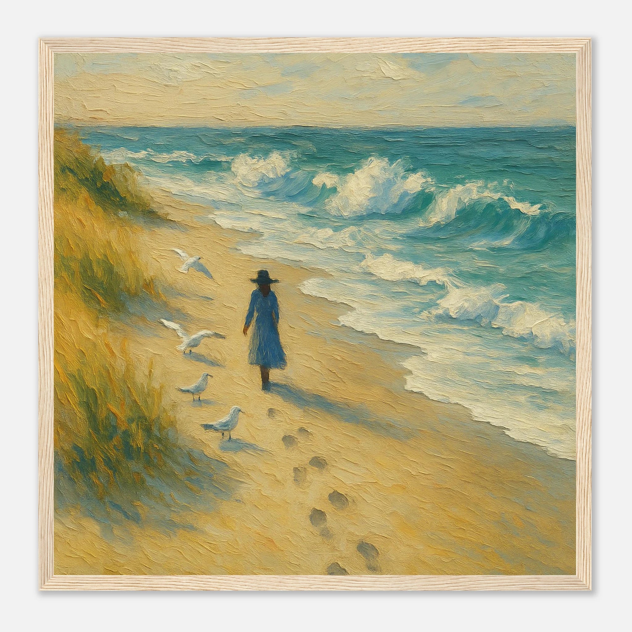 Wood frame 40x40 cm 16x16″ - “Soft Steps by the Sea” | Serene Coastal Art Print - Play By Print