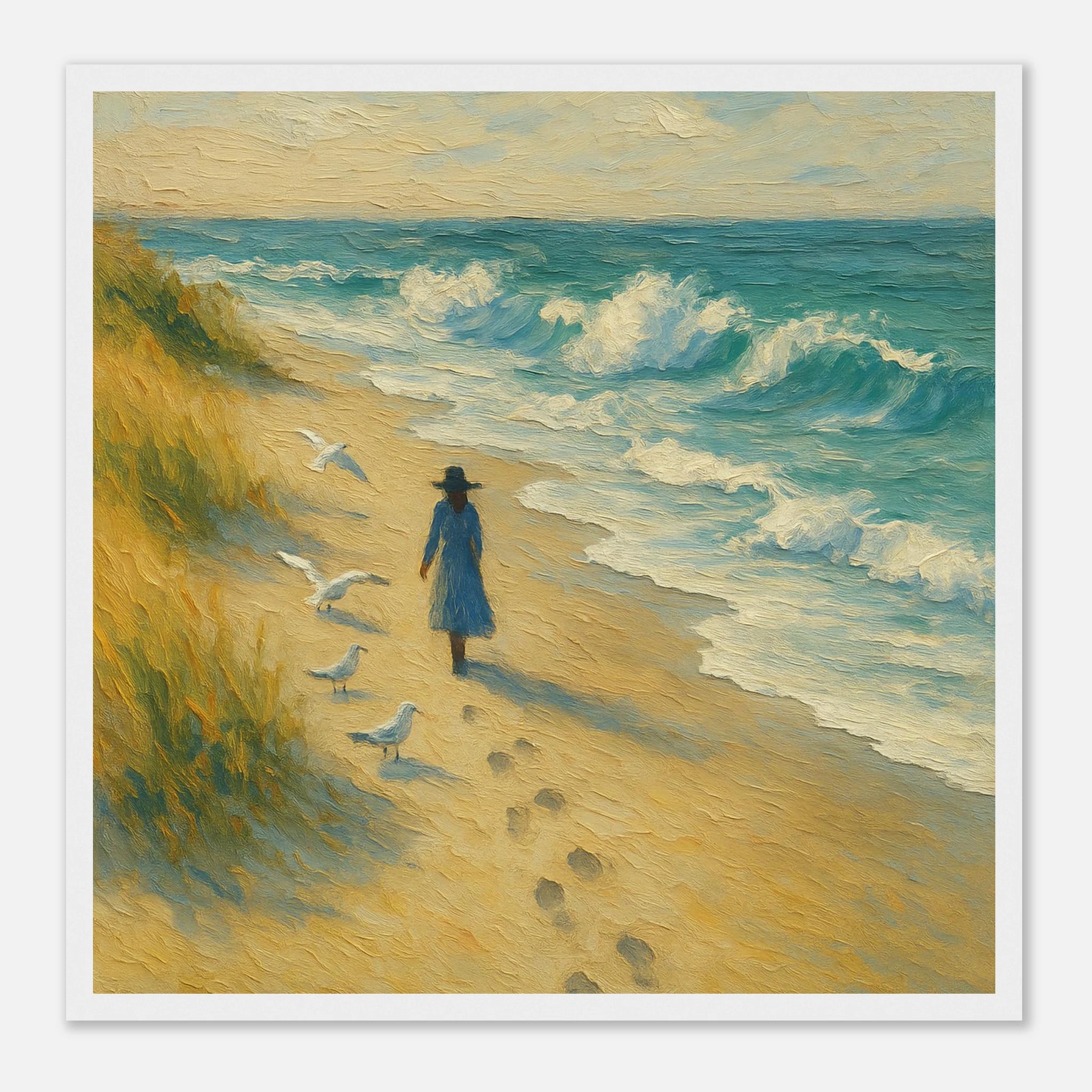 White frame 40x40 cm 16x16″ - “Soft Steps by the Sea” | Serene Coastal Art Print - Play By Print