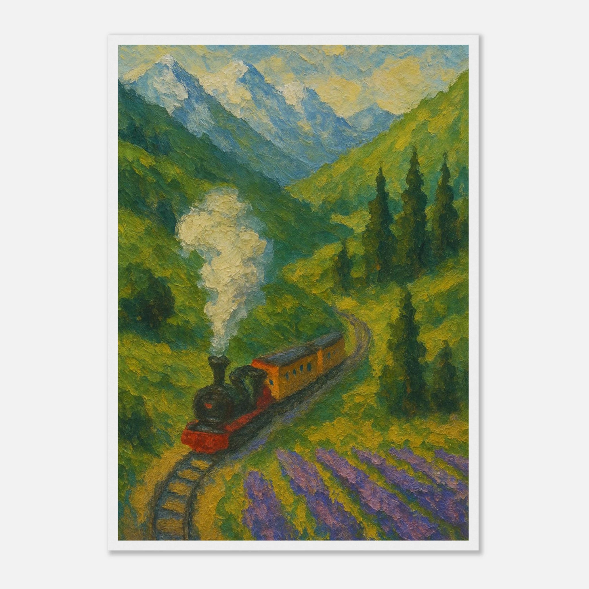 White frame A2 (42 x 59.4 cm) - Mountain Steam Train Wall Art | Textured Painterly Travel - Play By Print